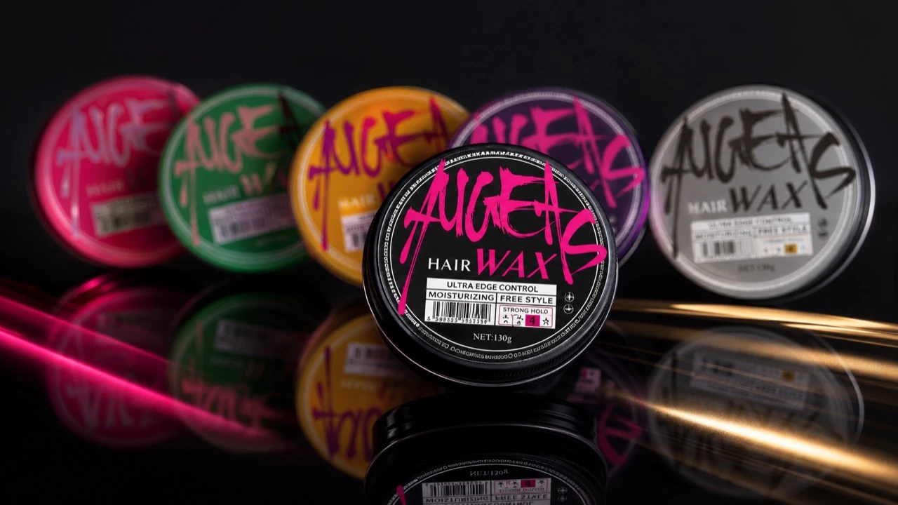 AUGEAS 130g hair wax Black and Gold color universe with real package references and black glossy styling wax texture